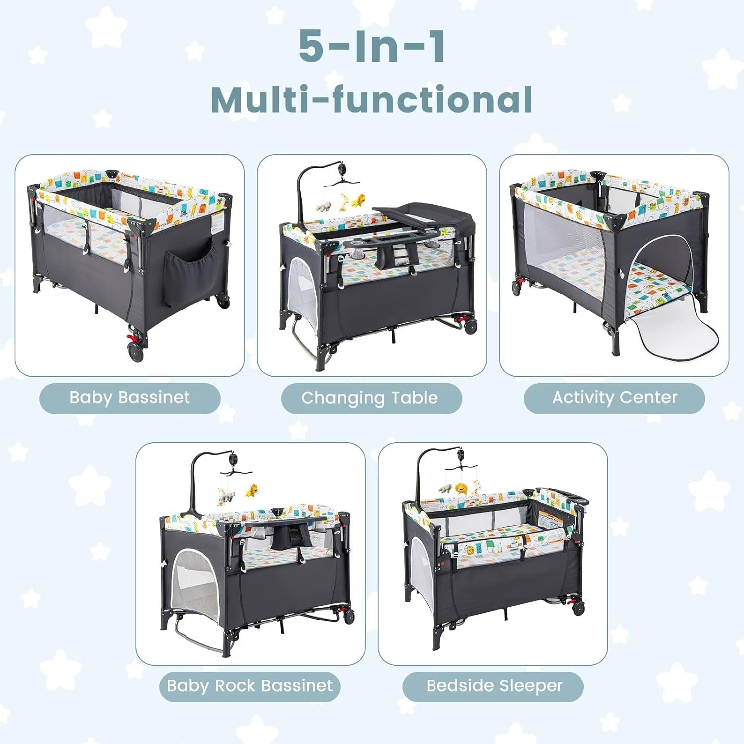 5in1 Baby Travel Cot Bedside Crib Bassinet with Mattress Changer Music Toys