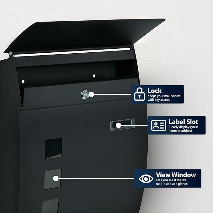 Wall Mounted Lockable Mailbox Waterproof Steel Post Box w/ Windows & Nameplate
