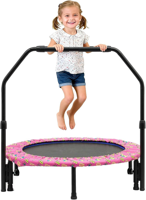 36'' Kids Mini Trampoline Quiet Foldable Adjustable Handle Safety Pad