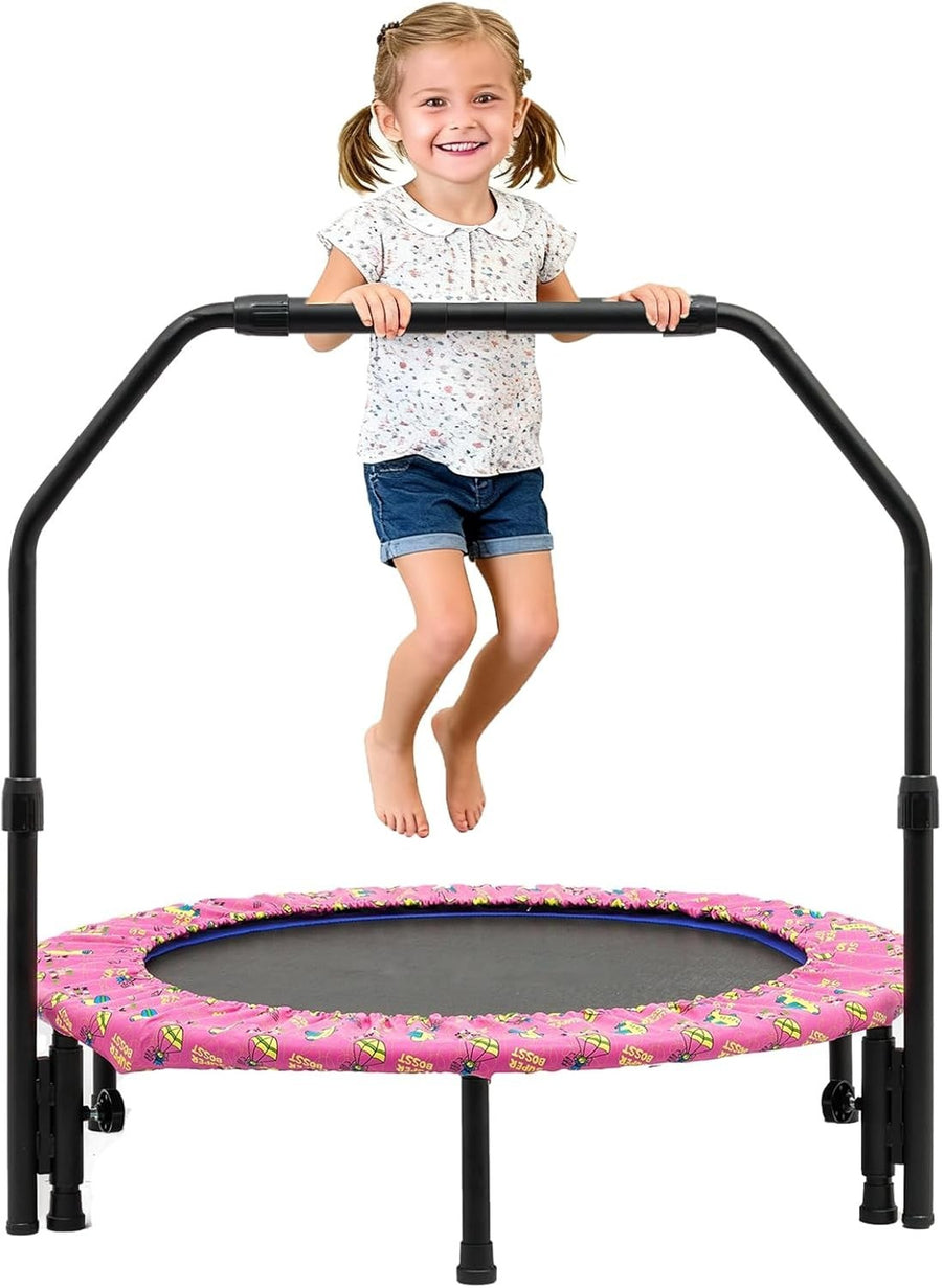 36'' Kids Mini Trampoline Quiet Foldable Adjustable Handle Safety Pad