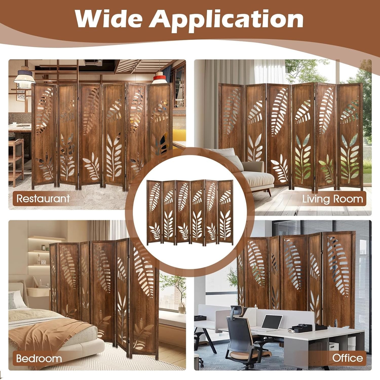 6 Panel Brown Carved Wood Room Divider Leaf Design Folding Privacy Screen