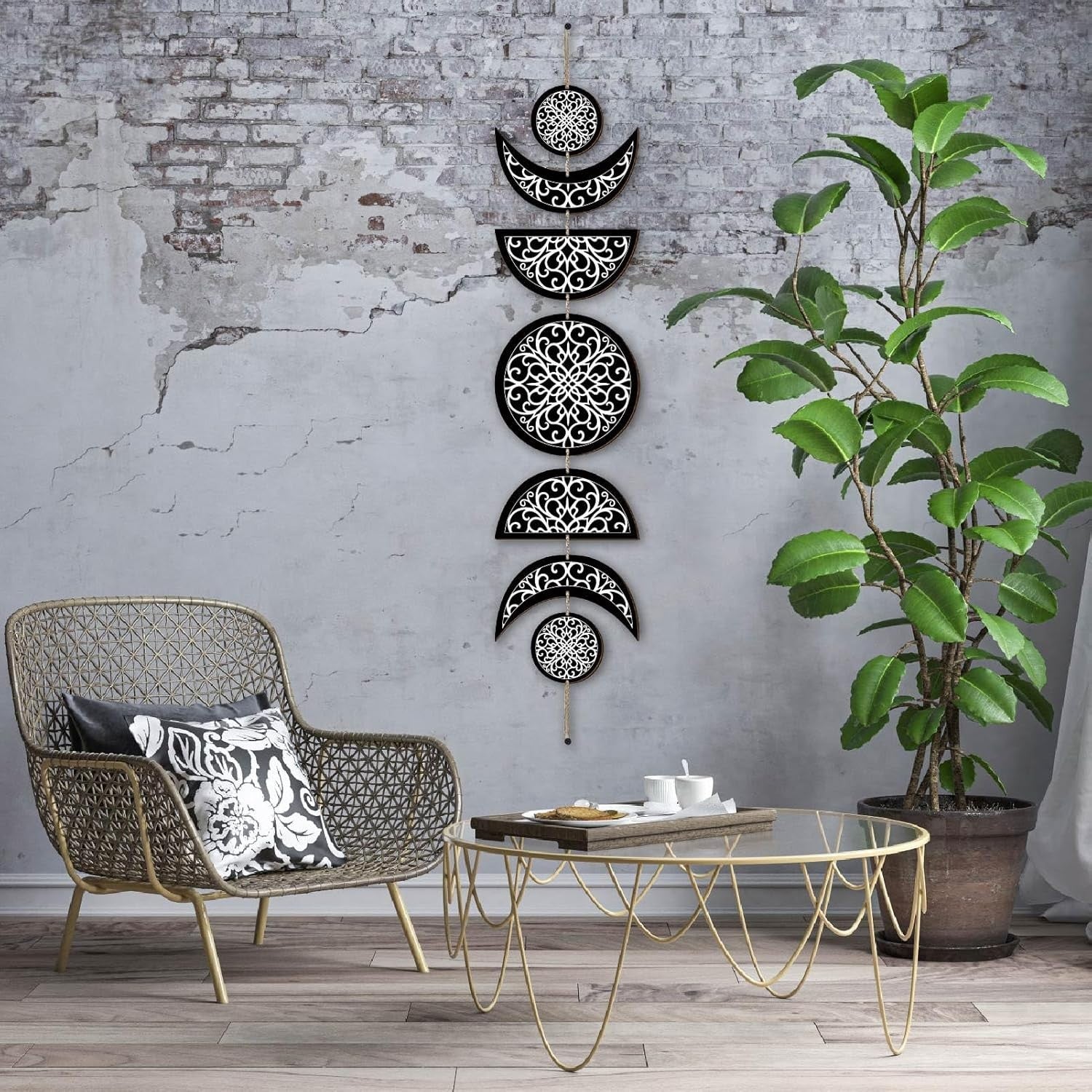 Moon Phase Wall Decor Wooden Boho 7-Piece Hanging Art 31x6.2