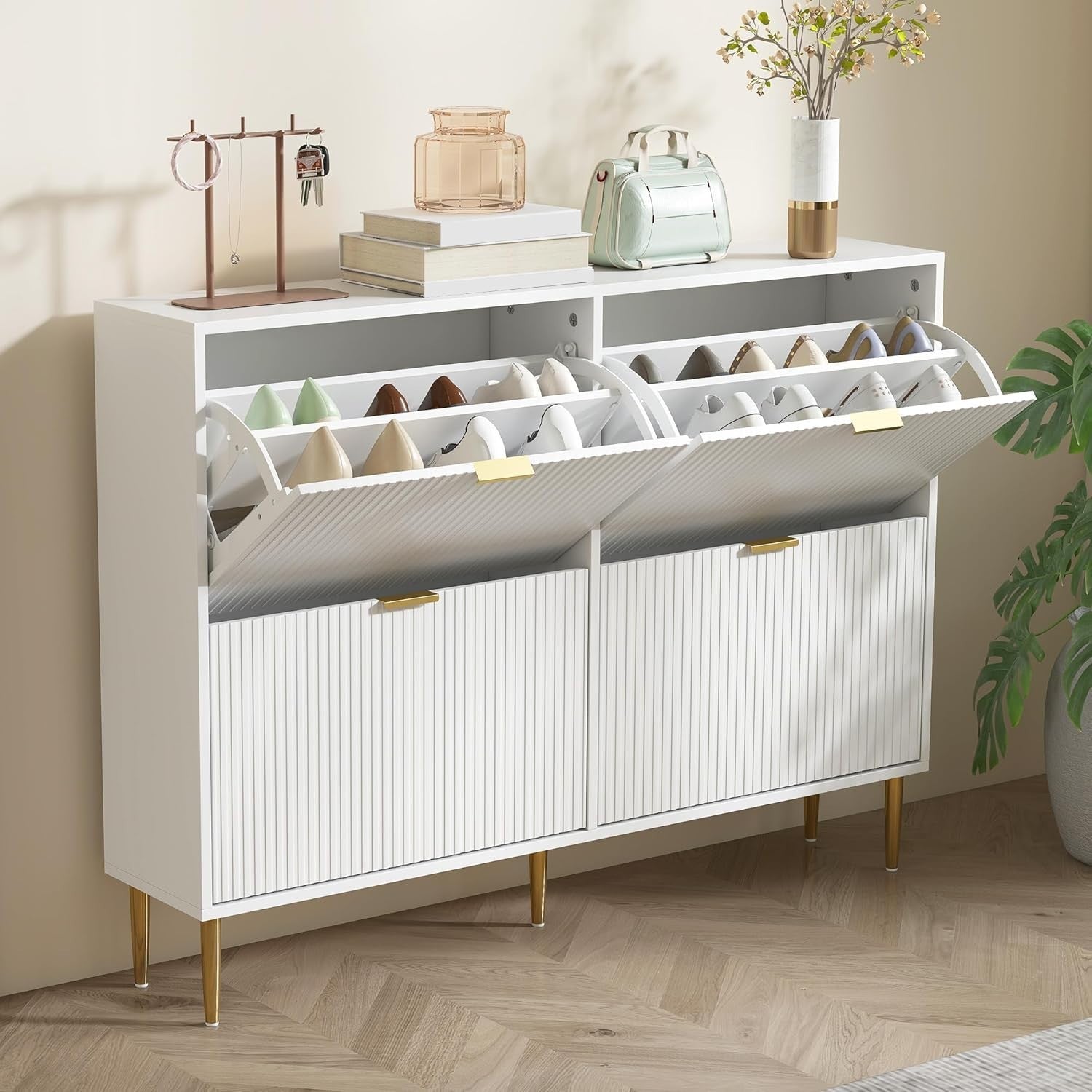Slim 4 Drawer Shoe Cabinet – Fluted Doors, Adjustable Shelves, Space-Saving