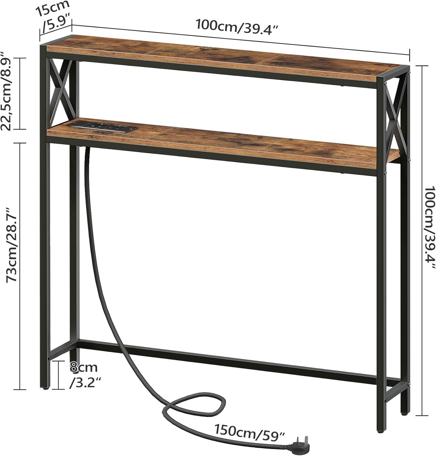 Narrow Sofa Table with Charging Station & USB Outlets, 100cm Console