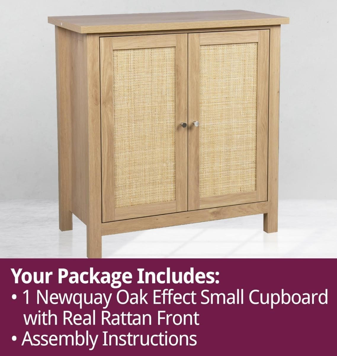 Oak Effect Small Cupboard with Rattan Doors 2 Tier Boho Storage Unit