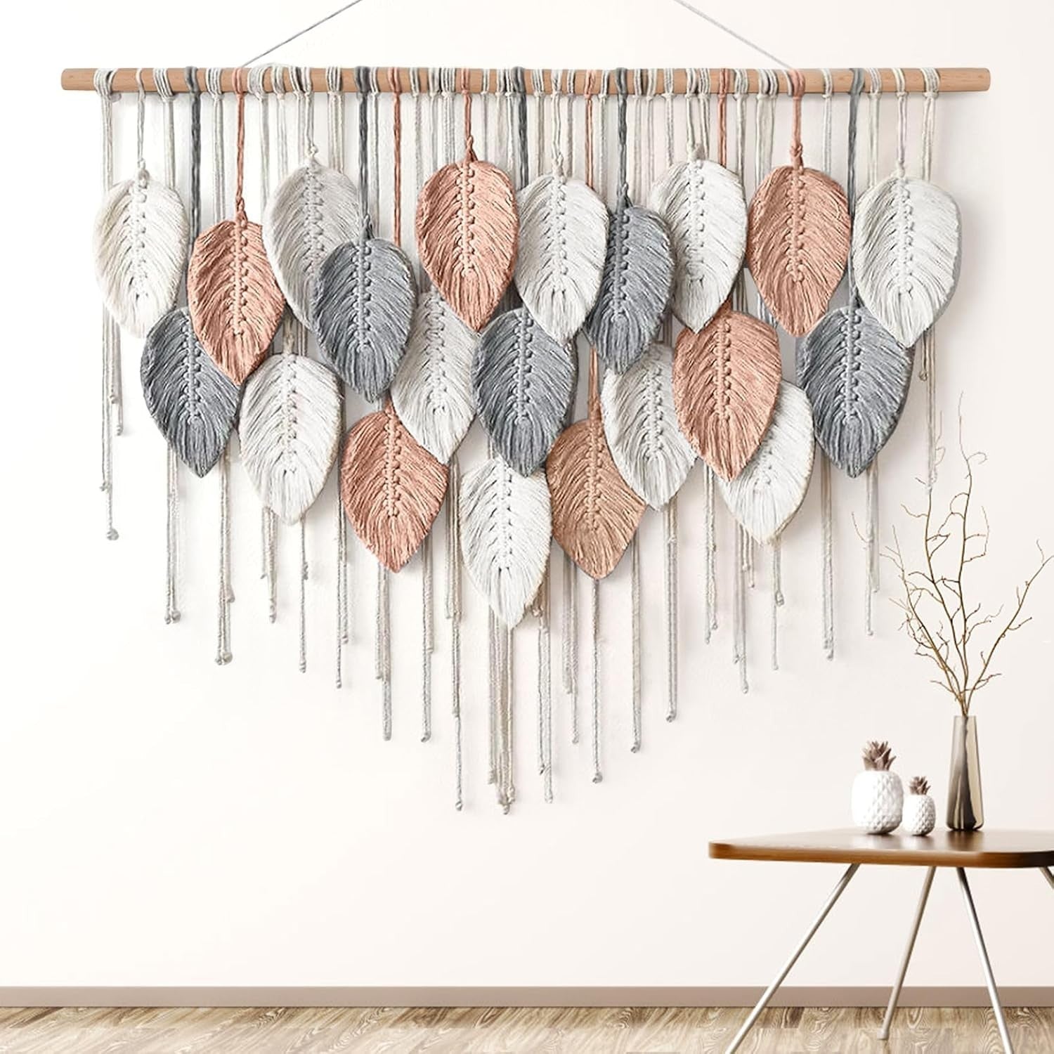Pink Large Leaf Macrame Wall Hanging 39"x29.5" Boho Decor
