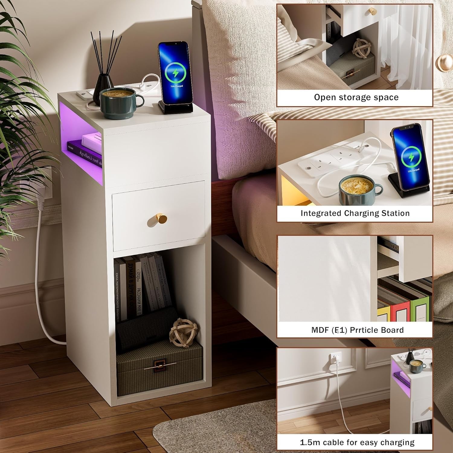 Slim White Bedside Table with RGB Lights & Charging Station | Modern Nightstand