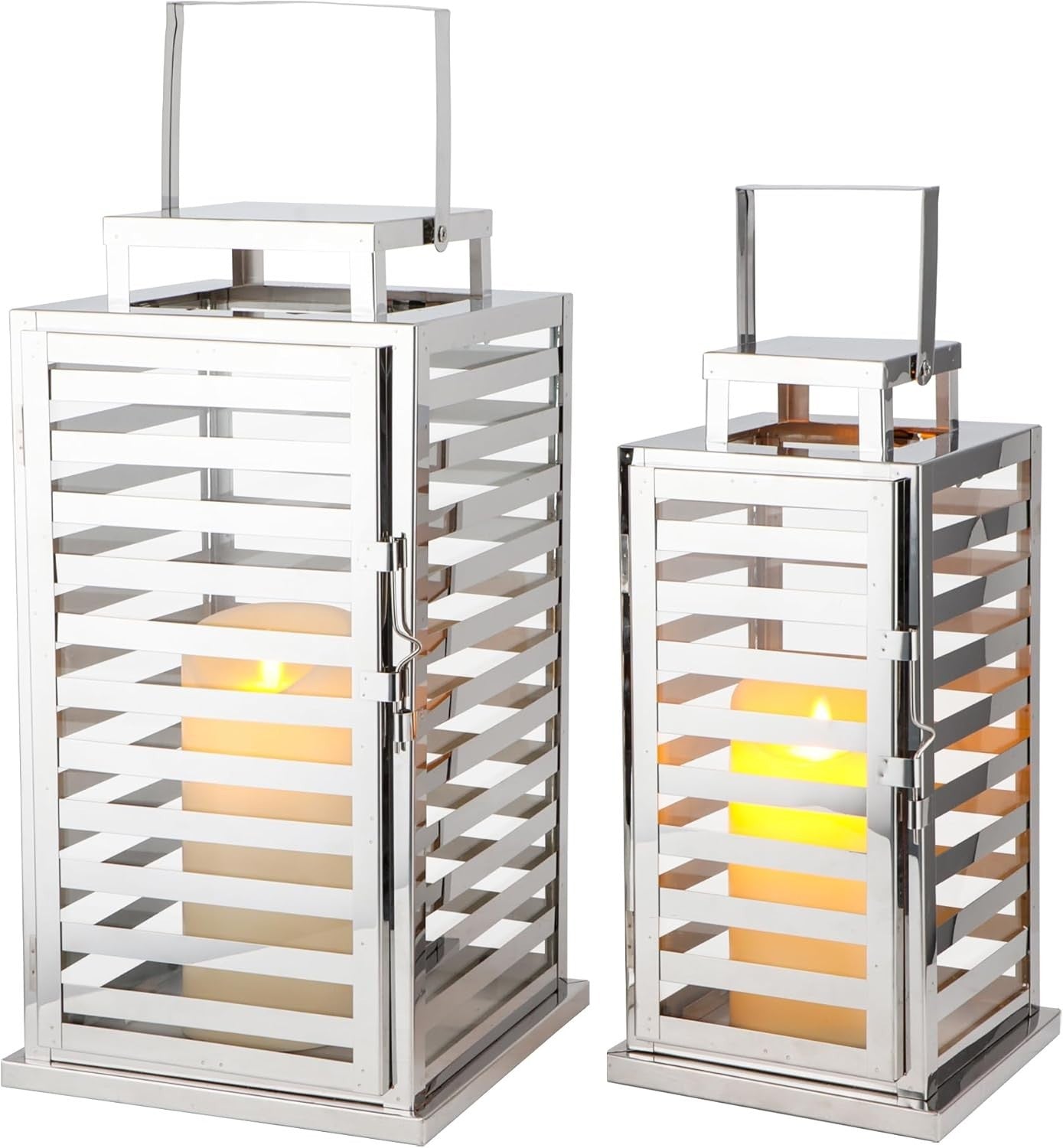 Set of 2 Silver Stainless Steel Candle Lanterns 38 cm