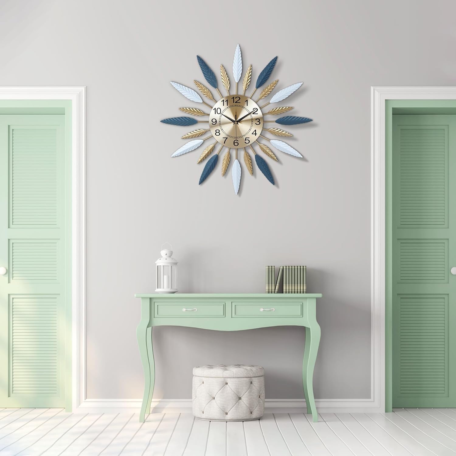 56cm Large Sunburst Wall Clock Blue Gold Metal Modern Silent Decorative Art