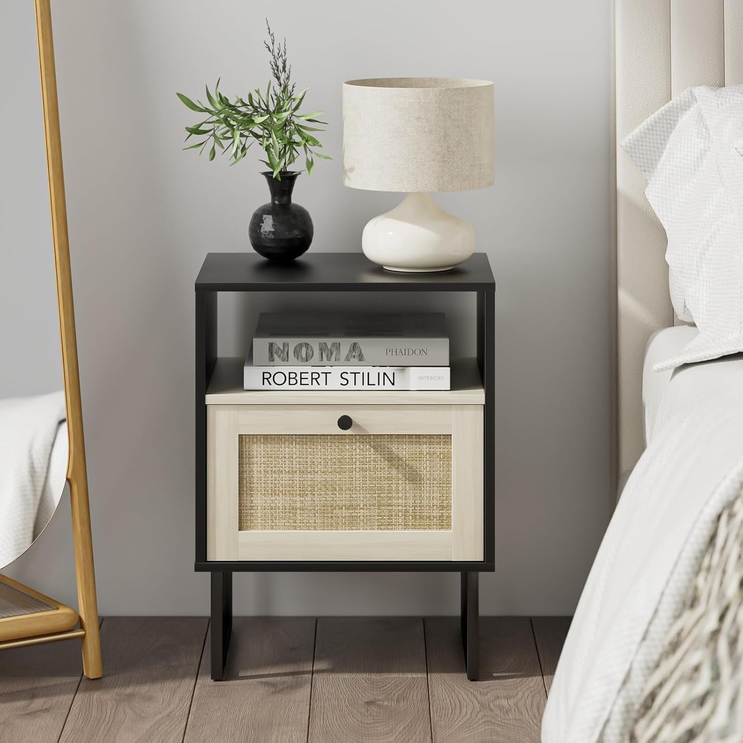 Boho Rattan Bedside Table Black Oak Nightstand with Drawer & Shelf