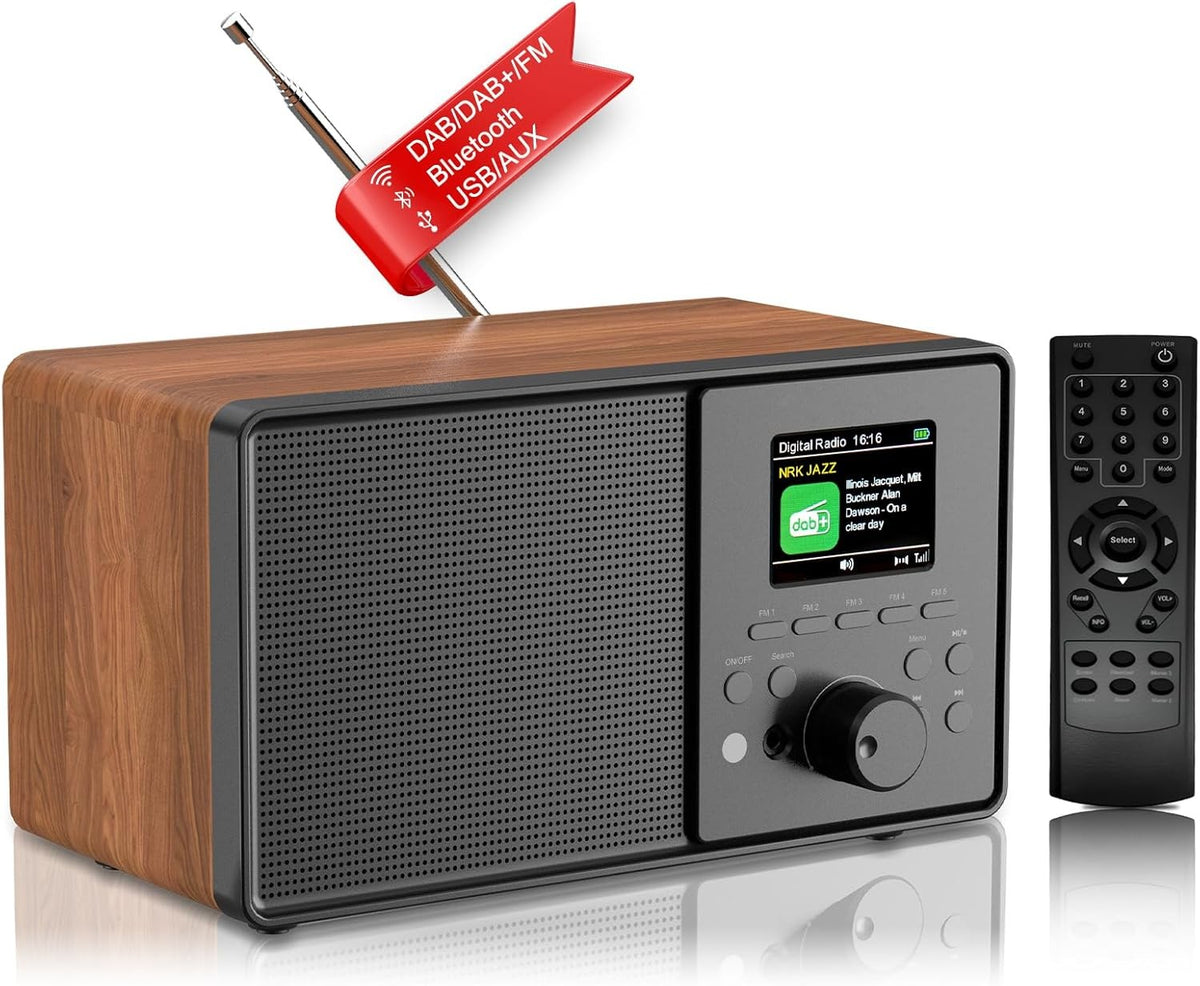 DAB DAB+ FM Digital Radio Bluetooth Alarm Remote 2.4” Display Wood