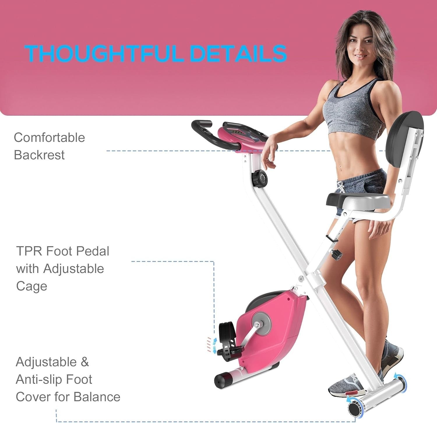 Pink Folding Exercise Bike 8-Level Magnetic Resistance LCD Pulse Monitor