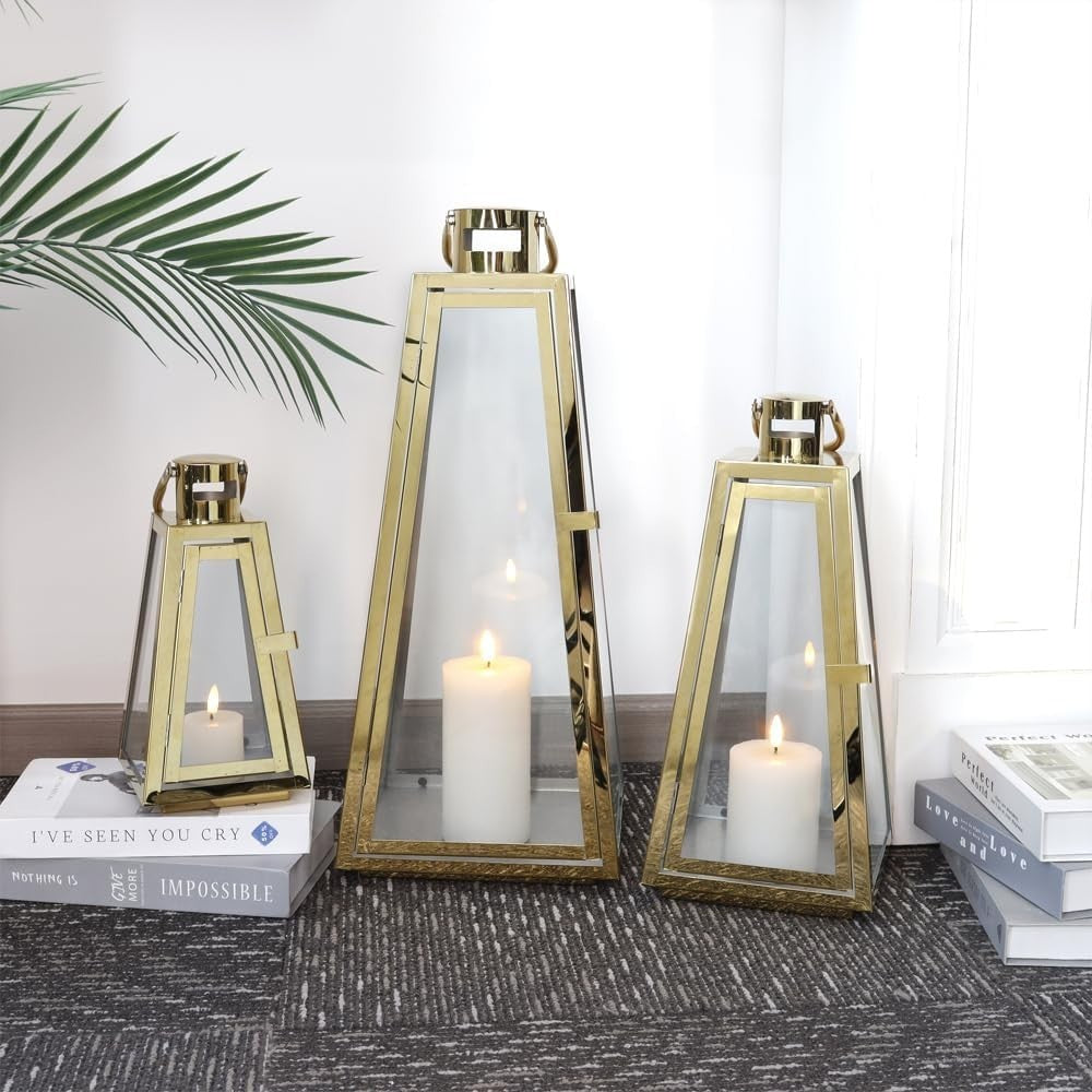 Set of 3 Gold Stainless Steel Lanterns Hanging Candle Holders