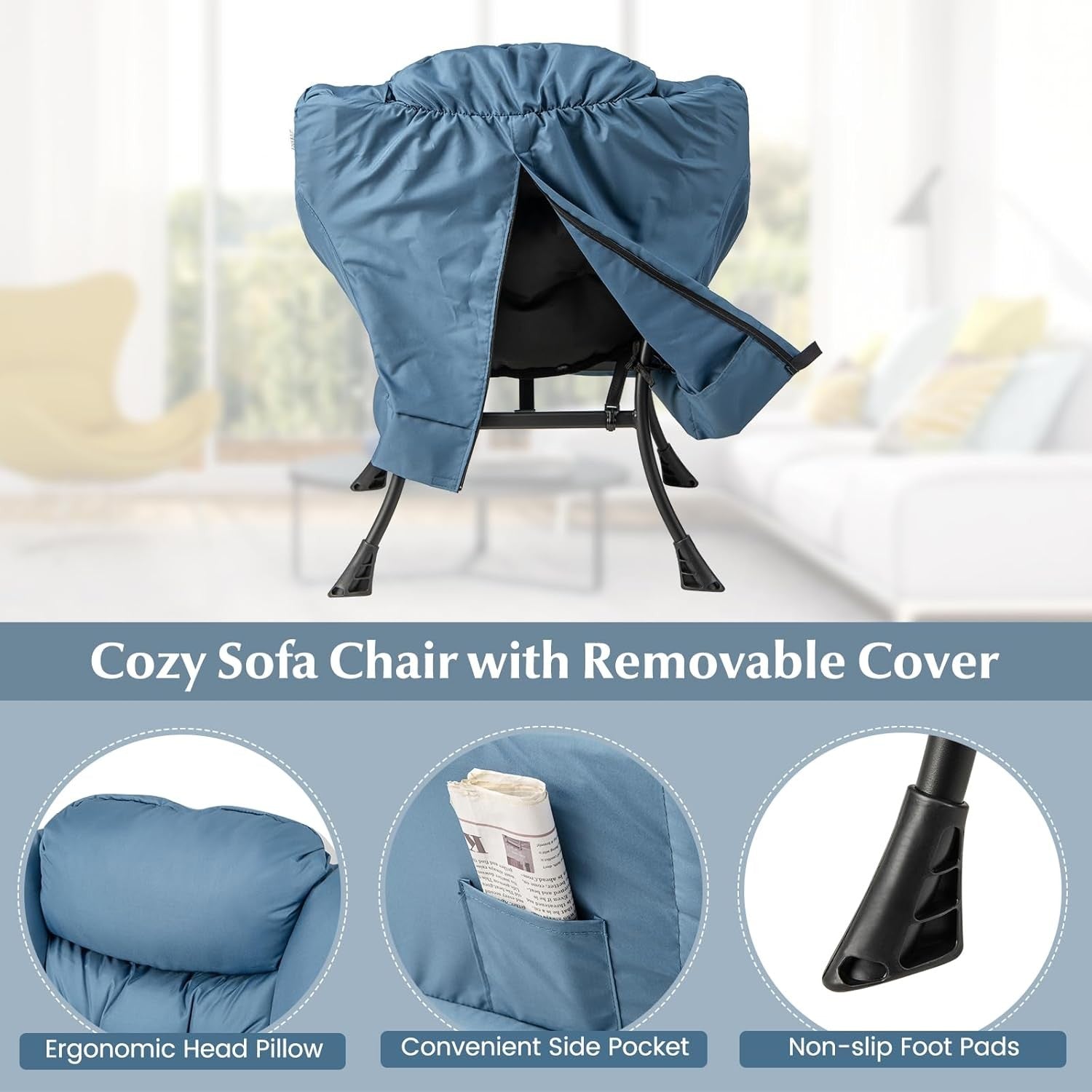 Fabric Lounge Armchair with Footstool Comfy Reading Chair Navy
