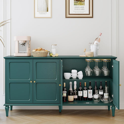 Mid-Century Sideboard Drinks Cabinet with Wine Glass Rack Storage Green Wood