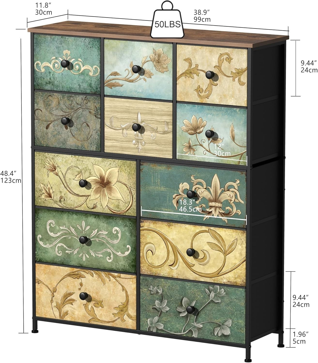 Vintage Boho 12-Drawer Fabric Dresser Chest – Rustic Storage for Bedroom, Hallwa