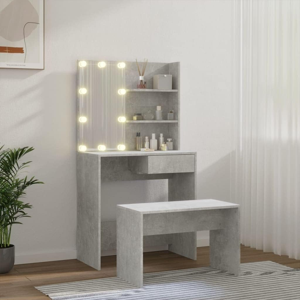 Modern Dressing Table Vanity Set Storage Mirror LED Lights Stool Bedroom Furnitu