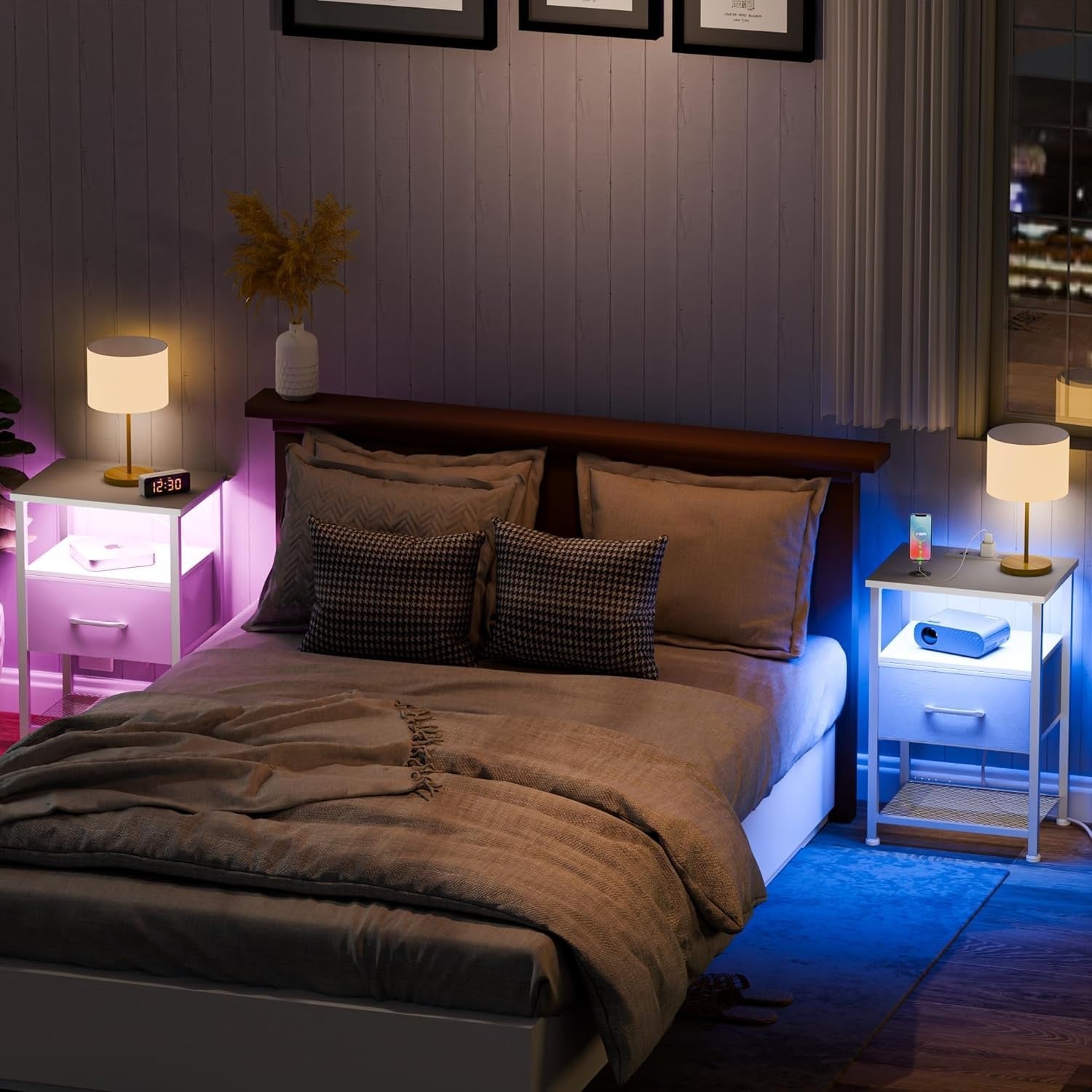Set of 2 White LED Bedside Tables with Drawer & USB Charging Ports