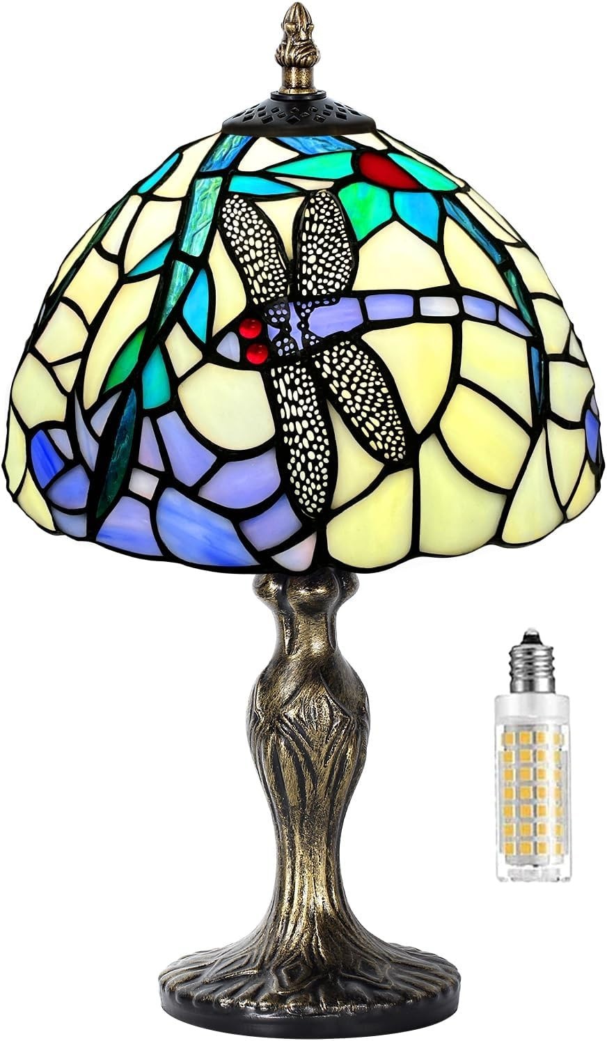 Handmade Stained Glass Table Lamp Dragonfly Shade Vintage Desk Light