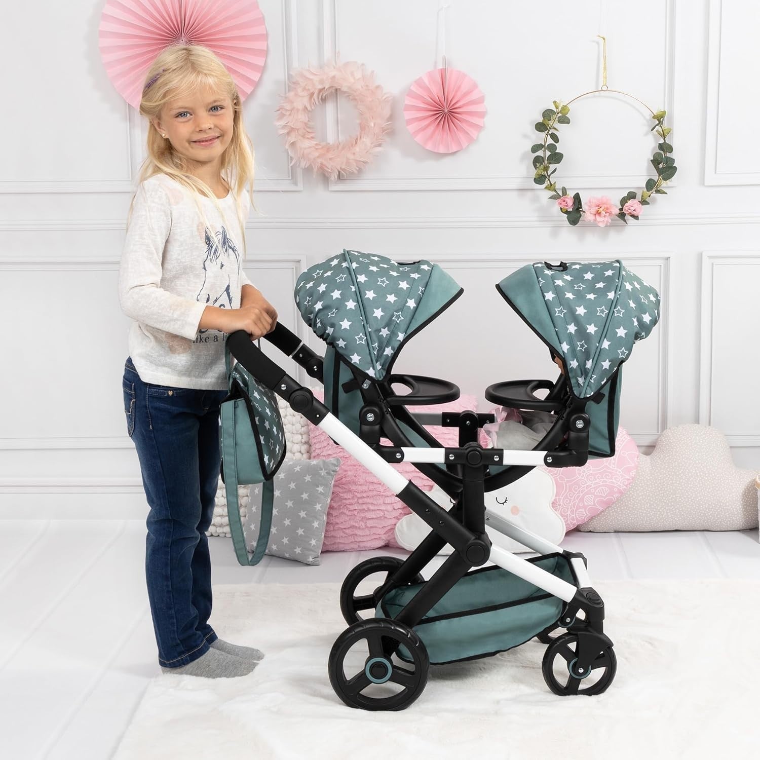 Twin Doll Pram Tandem Stroller Adjustable Reversible Handle Bag Green