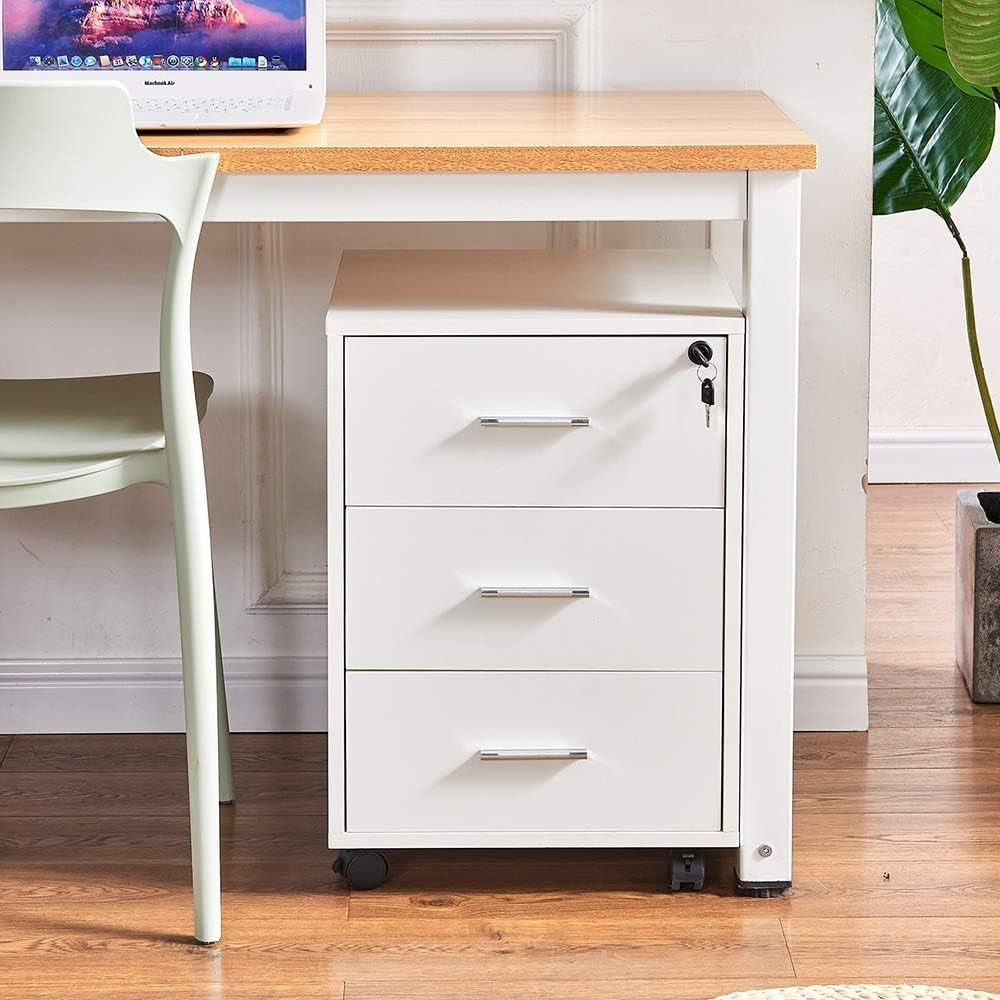 White Lockable Mobile Filing Cabinet 3 Drawer A4 Under Desk on Wheels