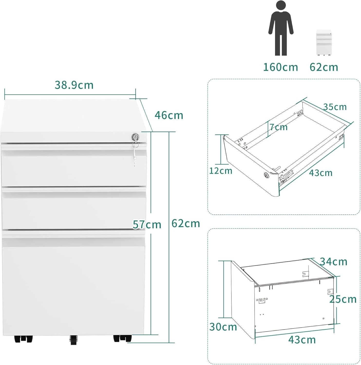 White Mobile File Cabinet 46x39x62cm Lockable 3 Drawer Steel