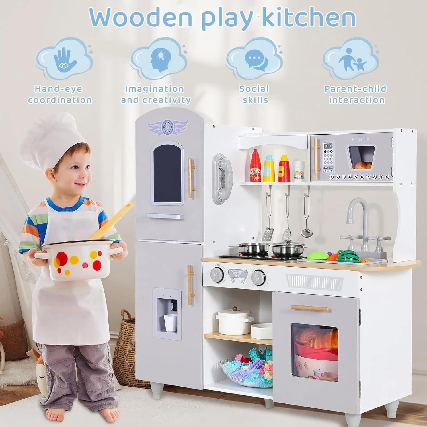 Kids Wooden Play Kitchen w/ Lights Sounds Ice Cream Maker Grey