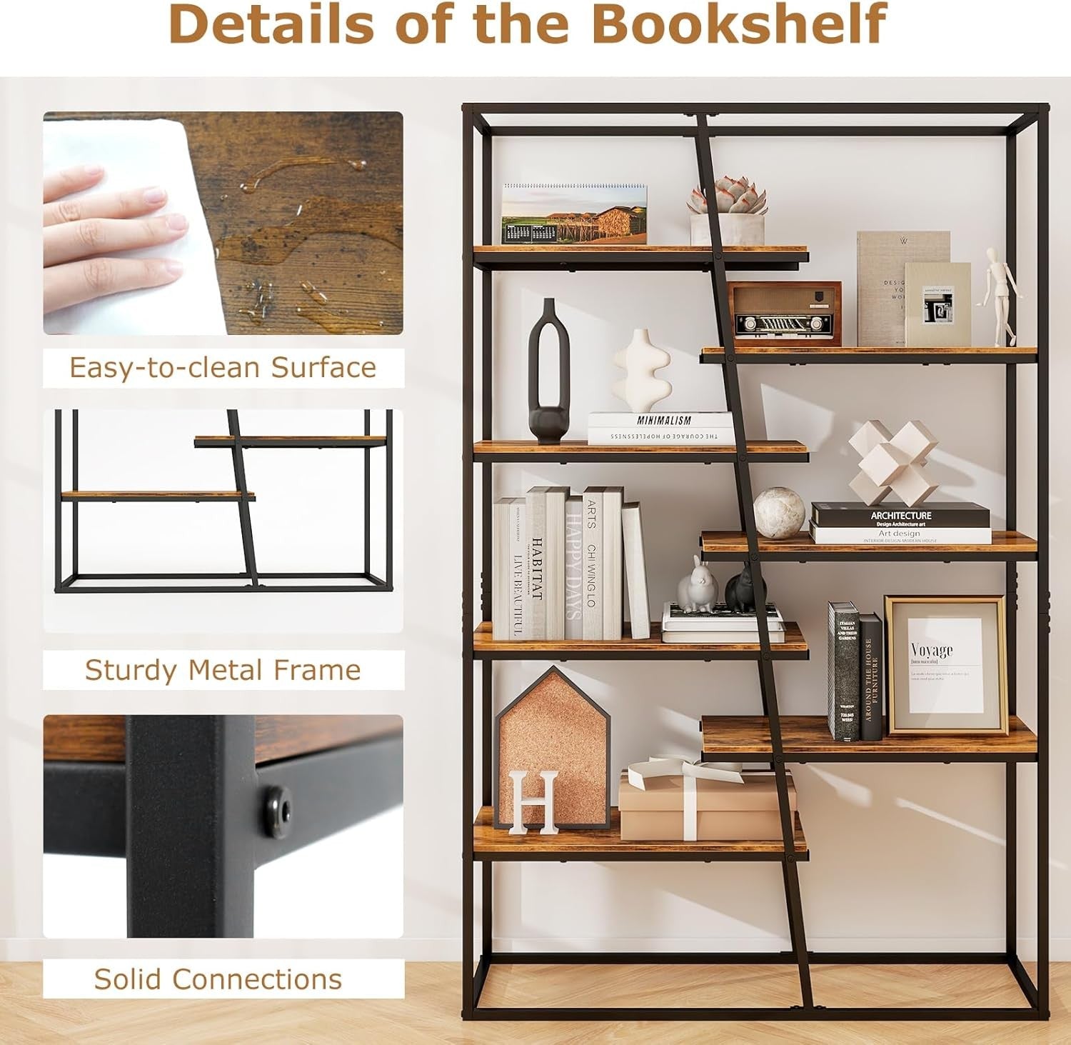 7-Tier Industrial Metal Bookshelf Large Rustic Wood Display & Storage Unit