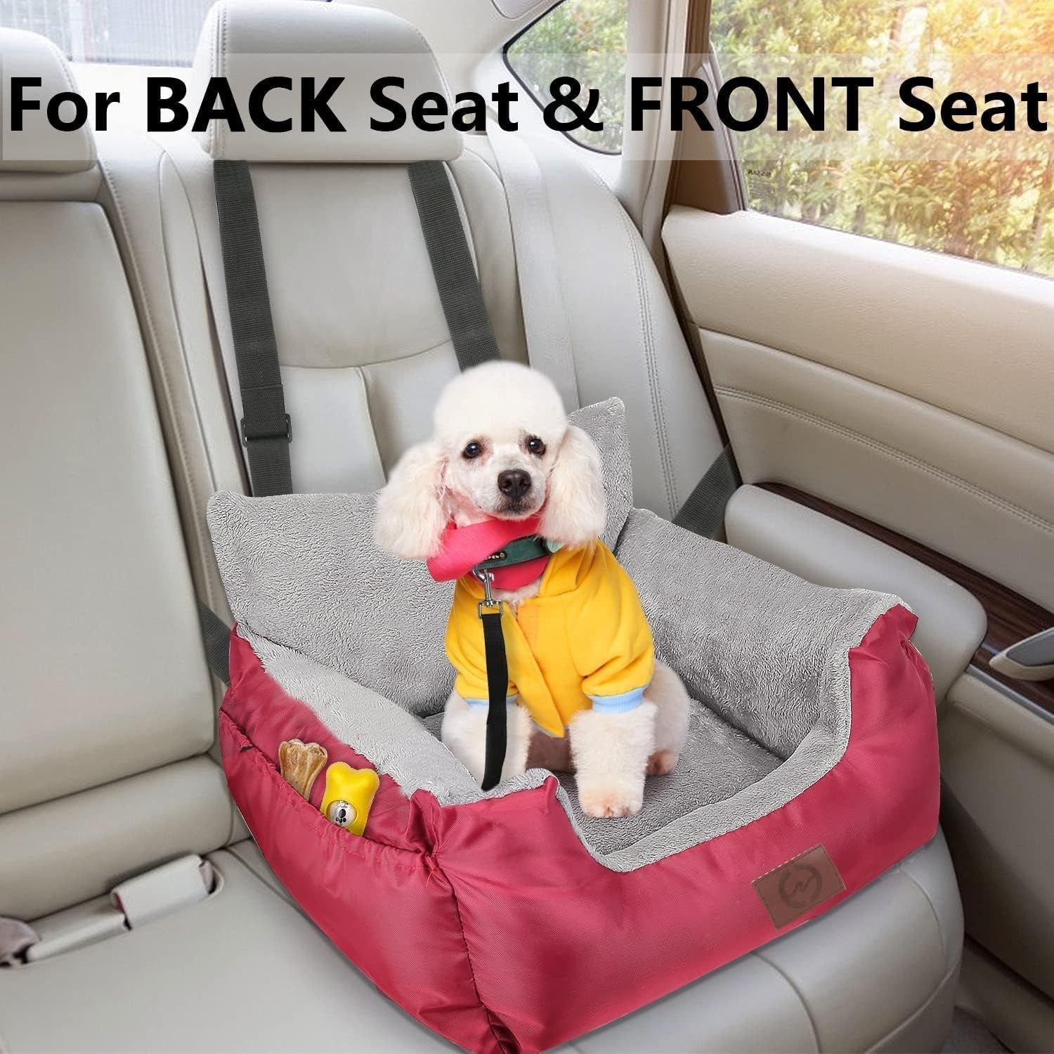 Waterproof Dog Car Booster Seat Plush Travel Bed Safety Leash Red