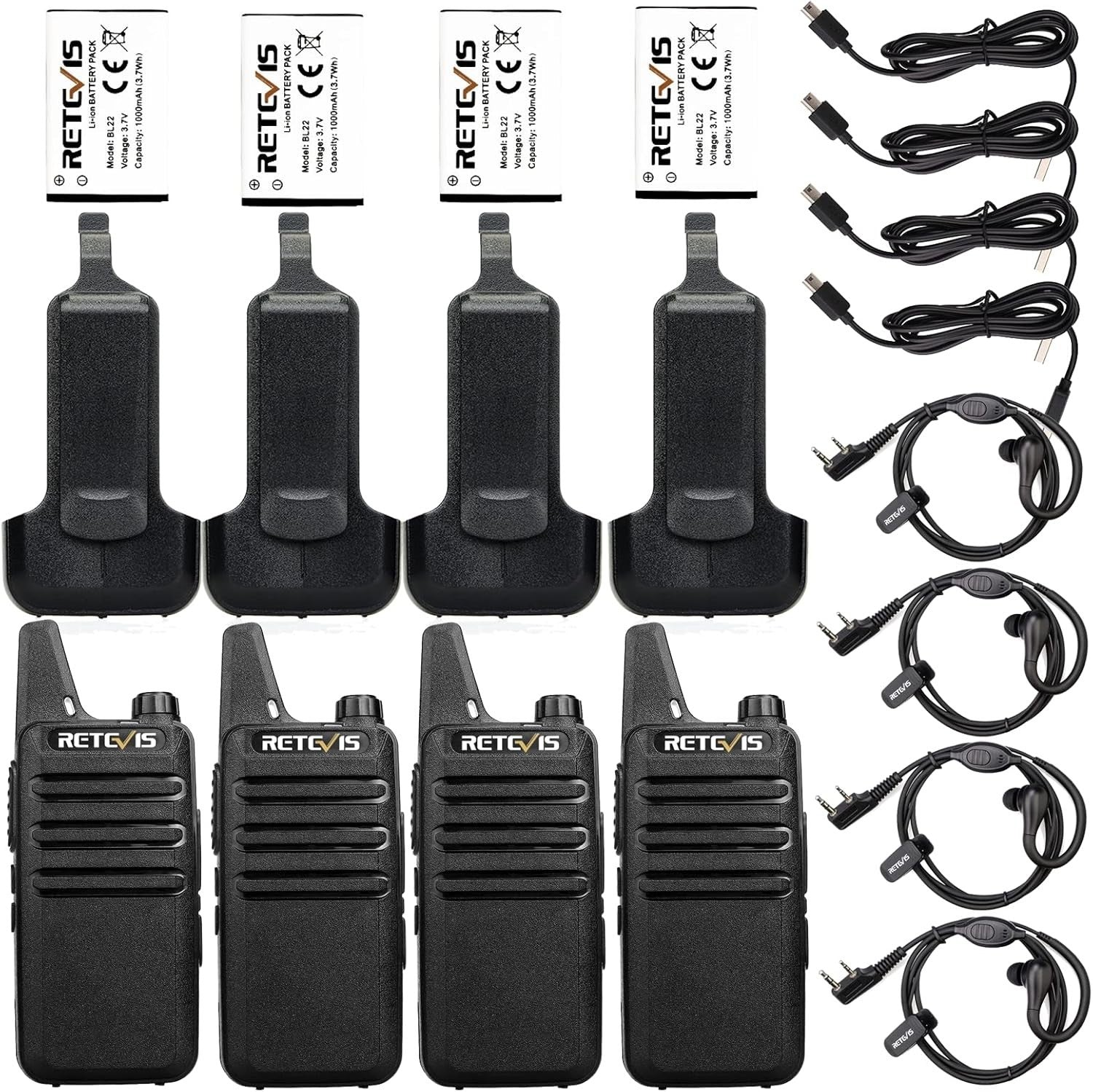 Mini Walkie Talkies PMR446 Rechargeable VOX w Headset 2 Pairs Black