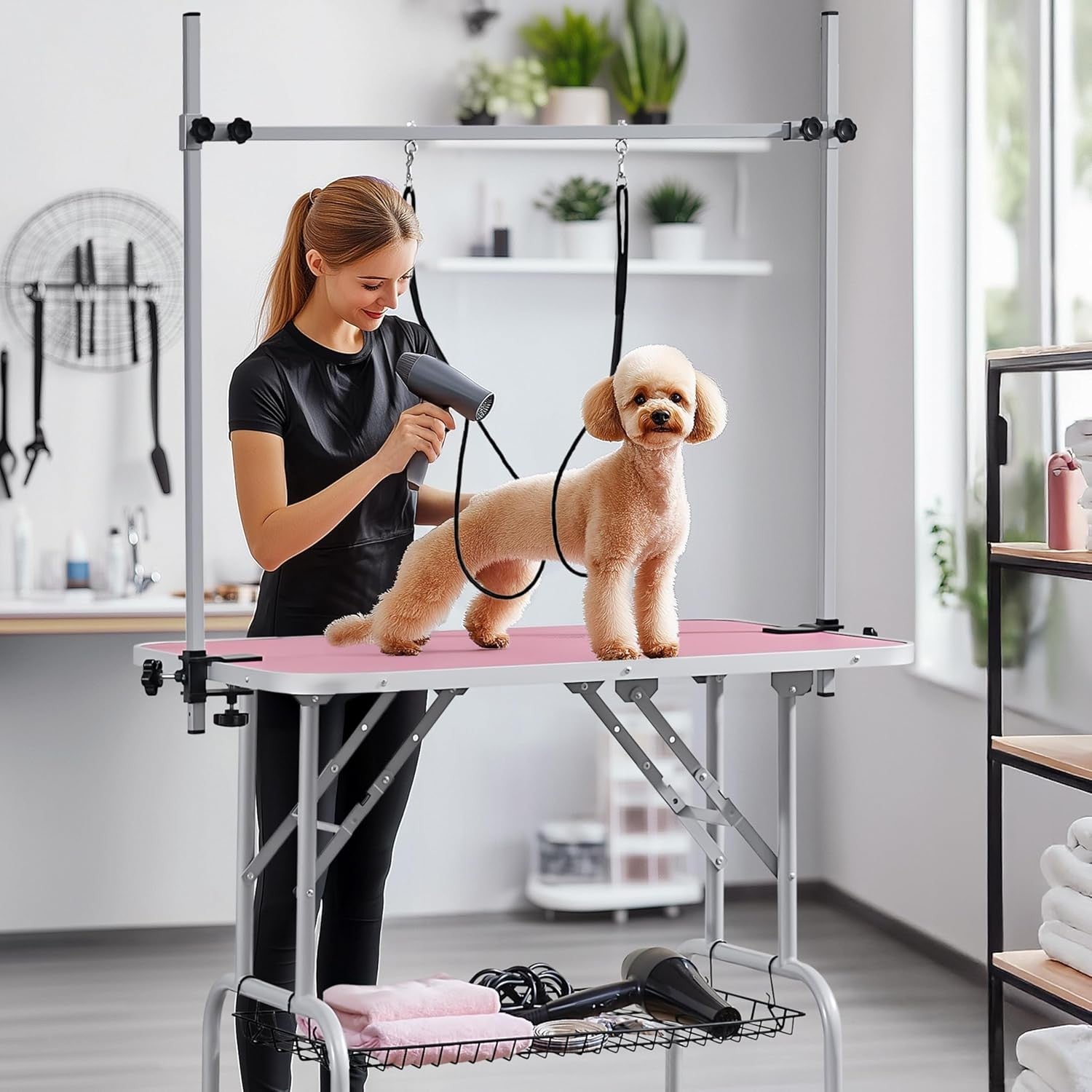 Foldable Pet Grooming Table 91cm Dog Cat Non Slip Adjustable Arm Pink
