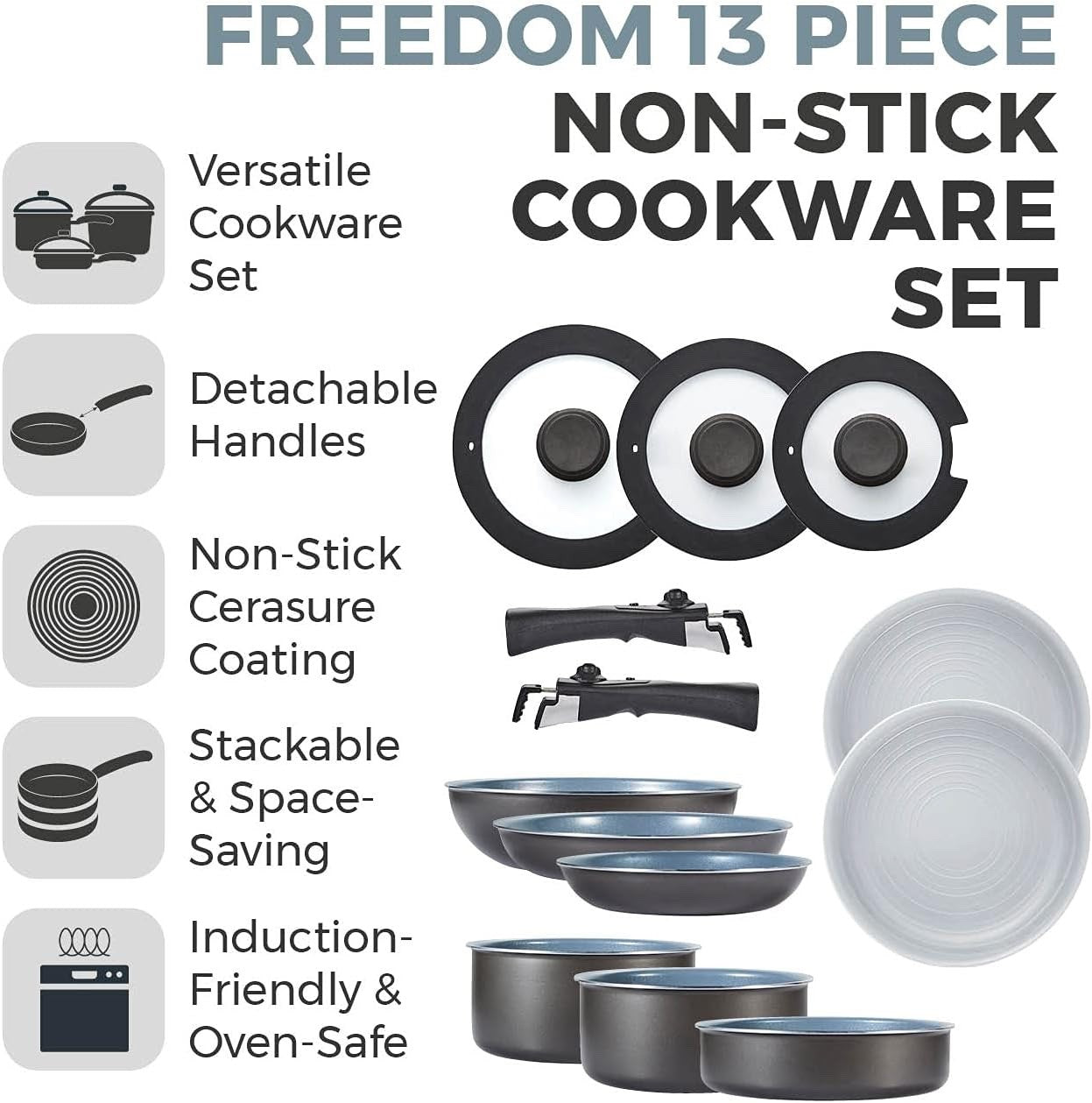 13pcs Ceramic Non-Stick Cookware Set – Stackable Pans with Detachable Handle
