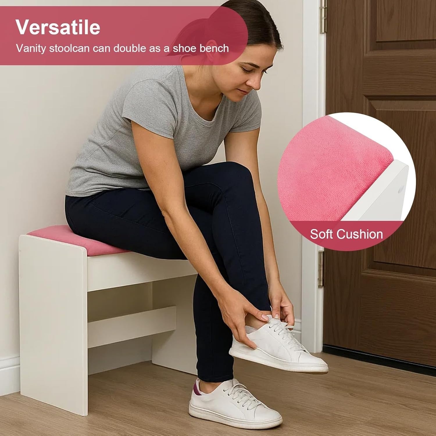 Pink Padded Vanity Stool – Simple PU Dressing Table Seat for Bedroom