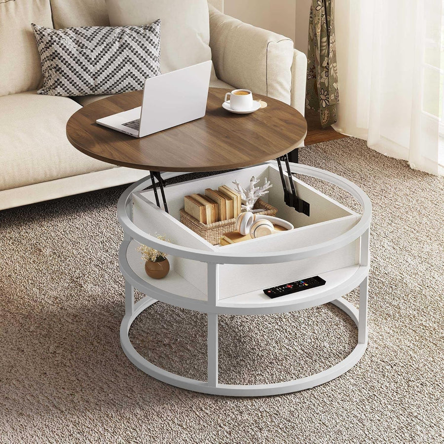 Lift Top Coffee Table Walnut White 80x80cm with Hidden Storage Shelves