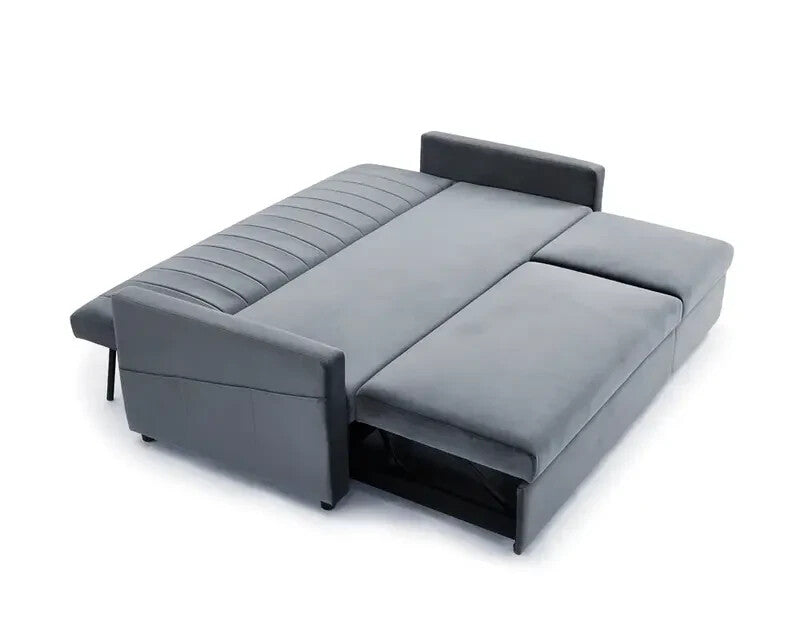 Grey Velvet 3 Seater Sofa Bed Pull-Out Chaise Storage Guest Sleeper Couch