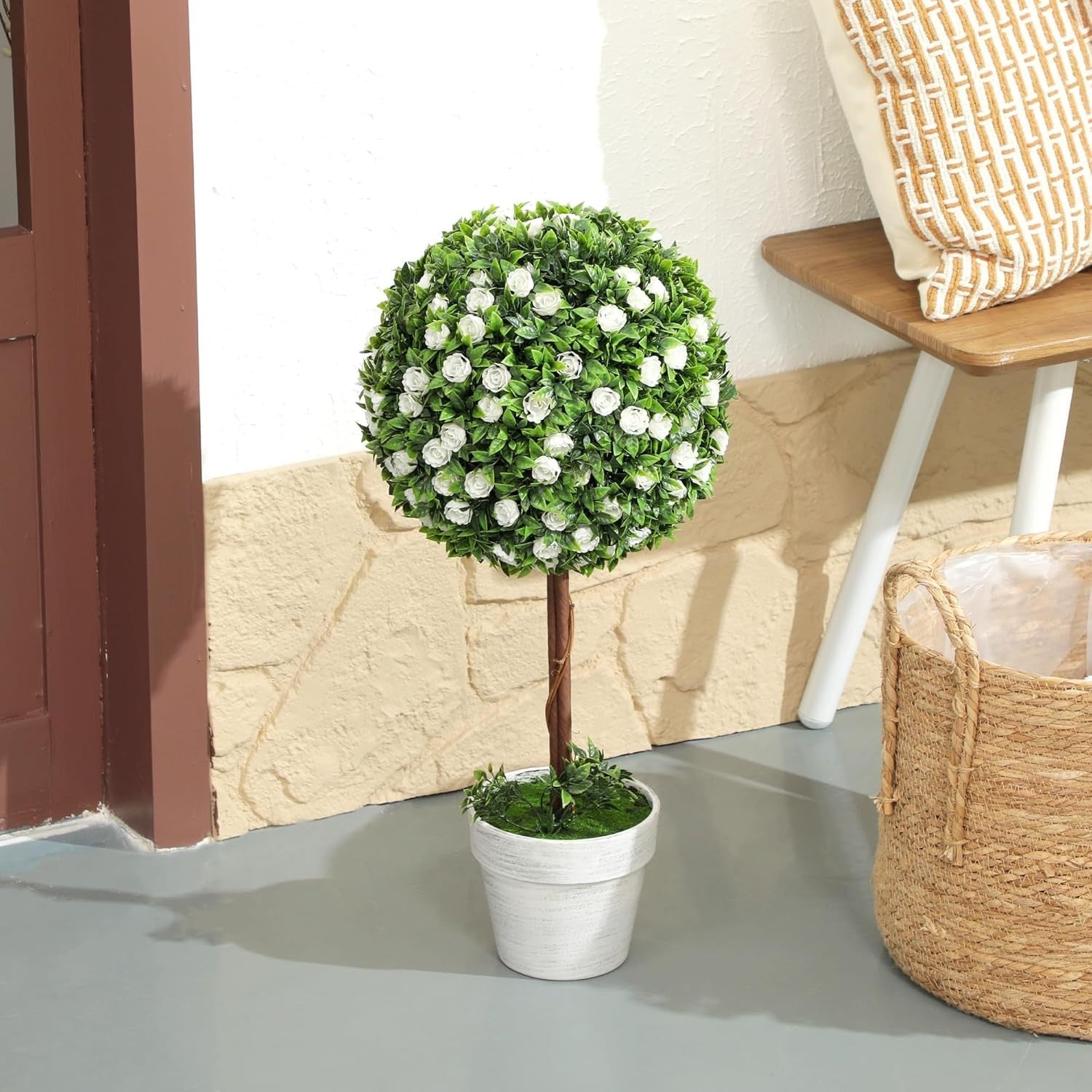 60cm Artificial Rose Ball Topiary Trees Set of 2 in White Pot Home Garden Decor