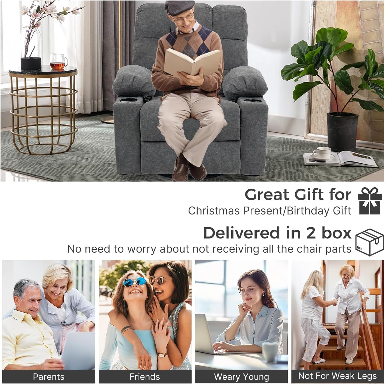 Recliner Chair Massage Heat 360° Swivel Rocking Manual Footrest Cup Holders Grey