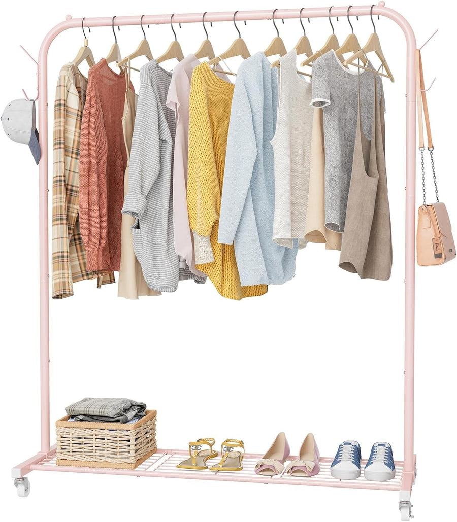 Portable Clothes Rail Pink 40KG Rack With Wheels Shelf & Hooks