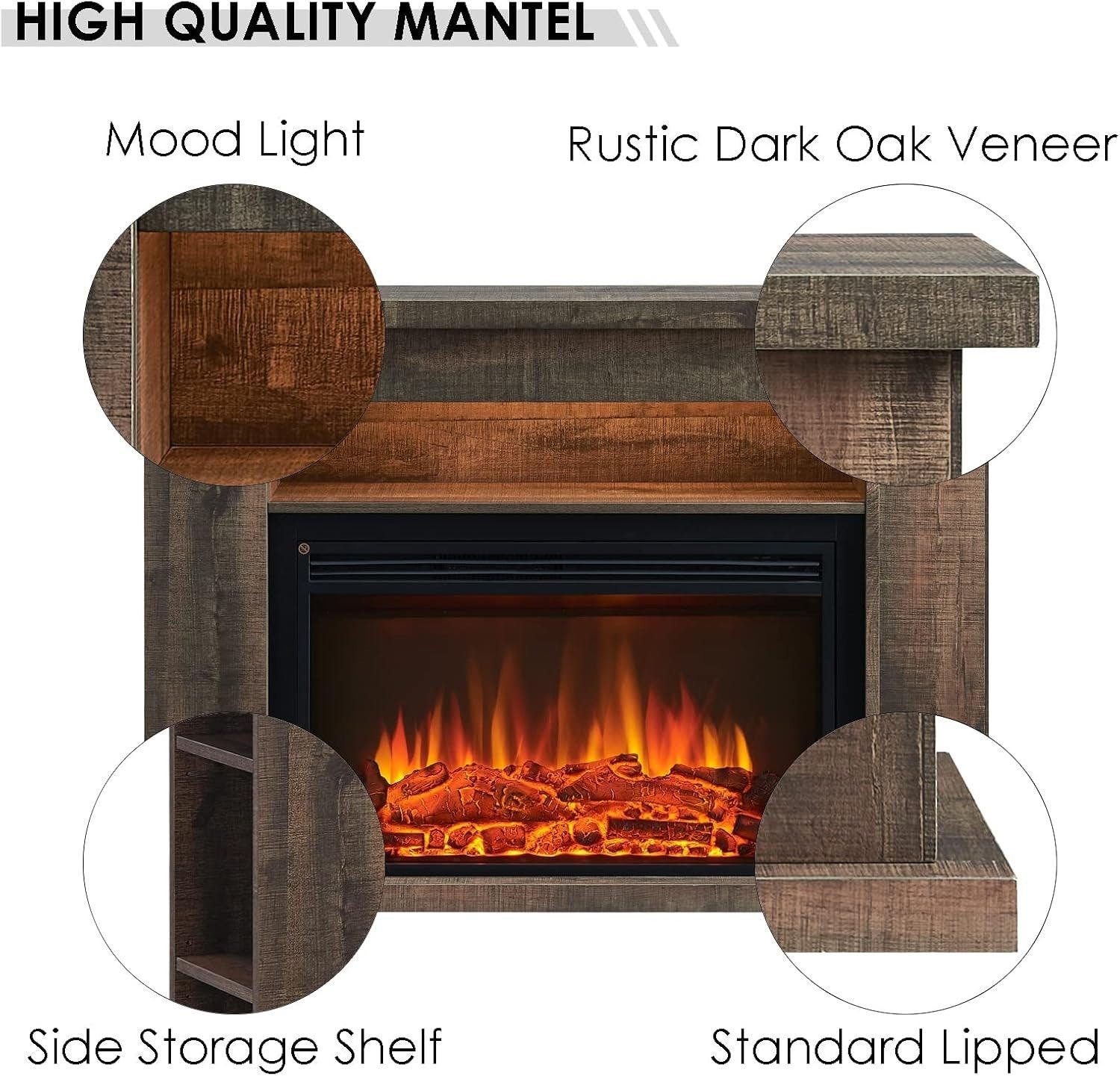 Electric Fireplace Suite with Heater & Storage Shelves 51" Dark Oak