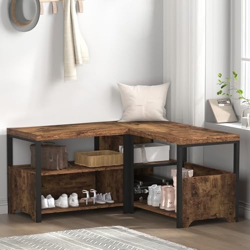 Rustic Brown Entryway Bench 145cm Shoe Storage Hallway Corner Seat