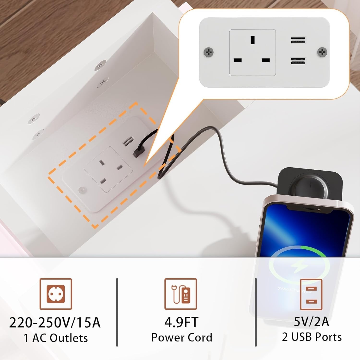 Modern LED Bedside Table with USB Charging, 3 Drawers+Hidden Storage, Gold Legs