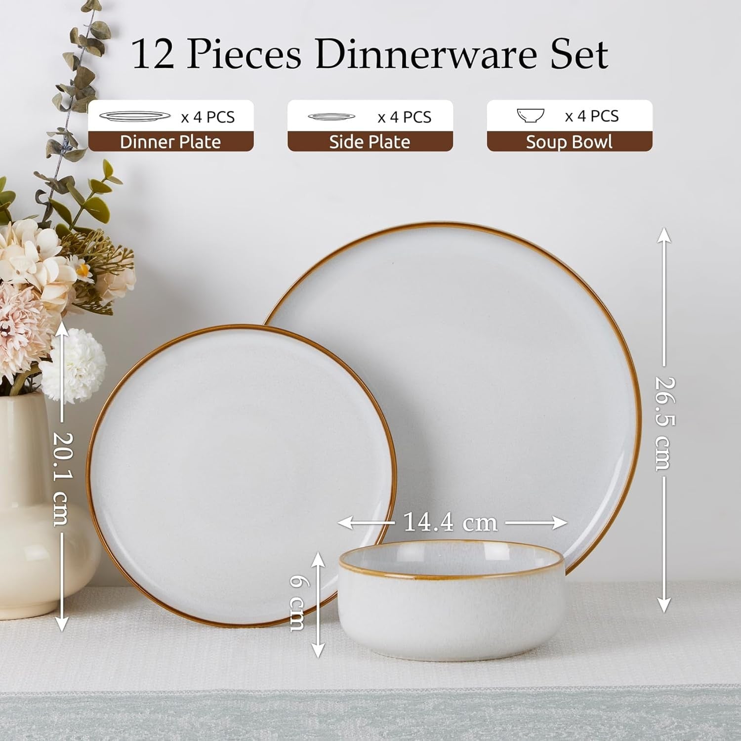 12pc Stoneware Dinner Set Daisy Beige Plates Bowls Reactive Glaze