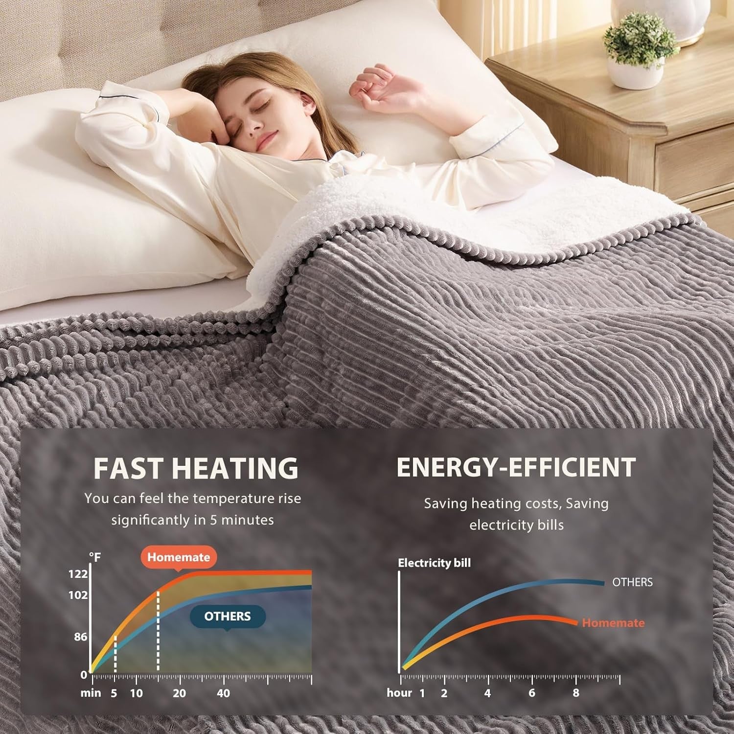 King Size Electric Heated Blanket 10 Heat Auto Off Dual Control Sherpa 101x90