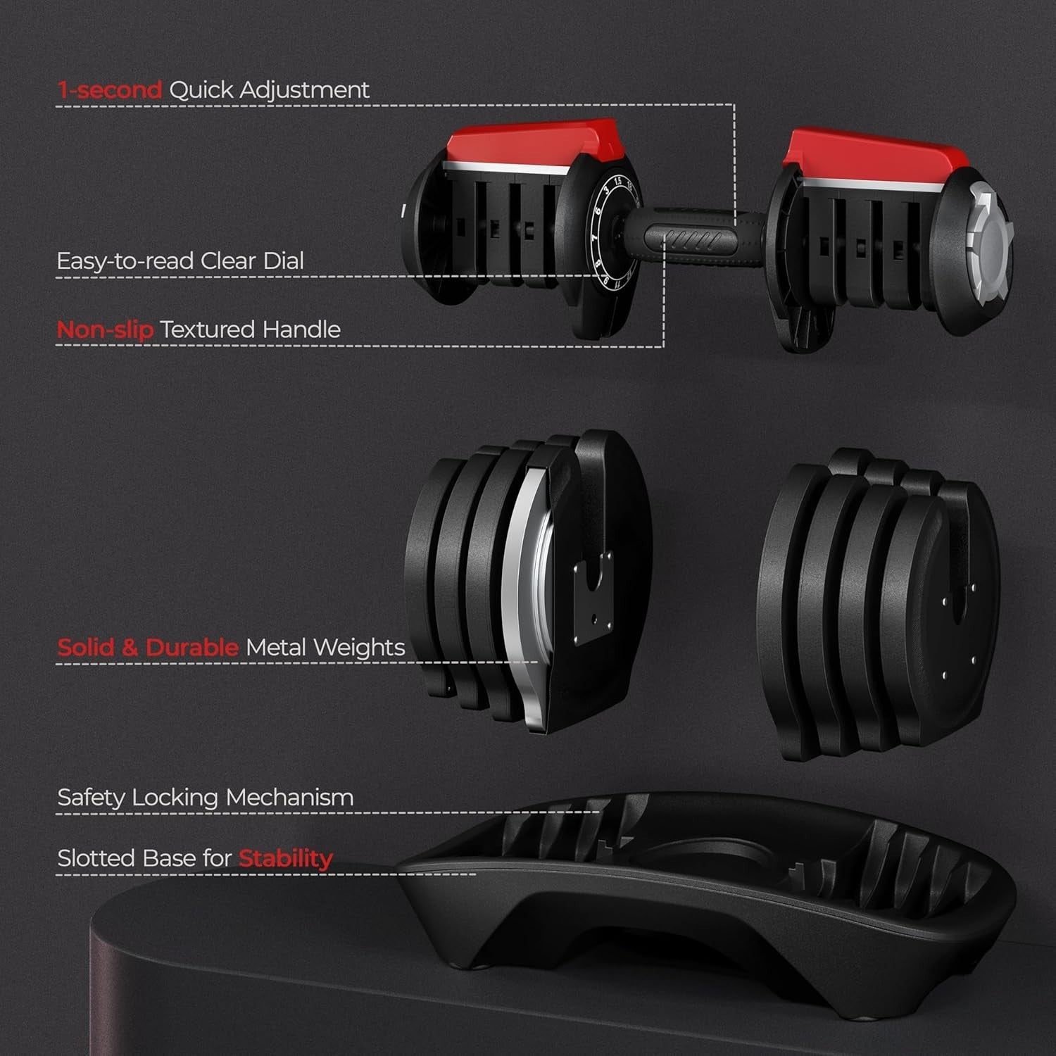 Adjustable Dumbbell Pair 18kg 12-Level One-Hand Dial Space-Saving Gym