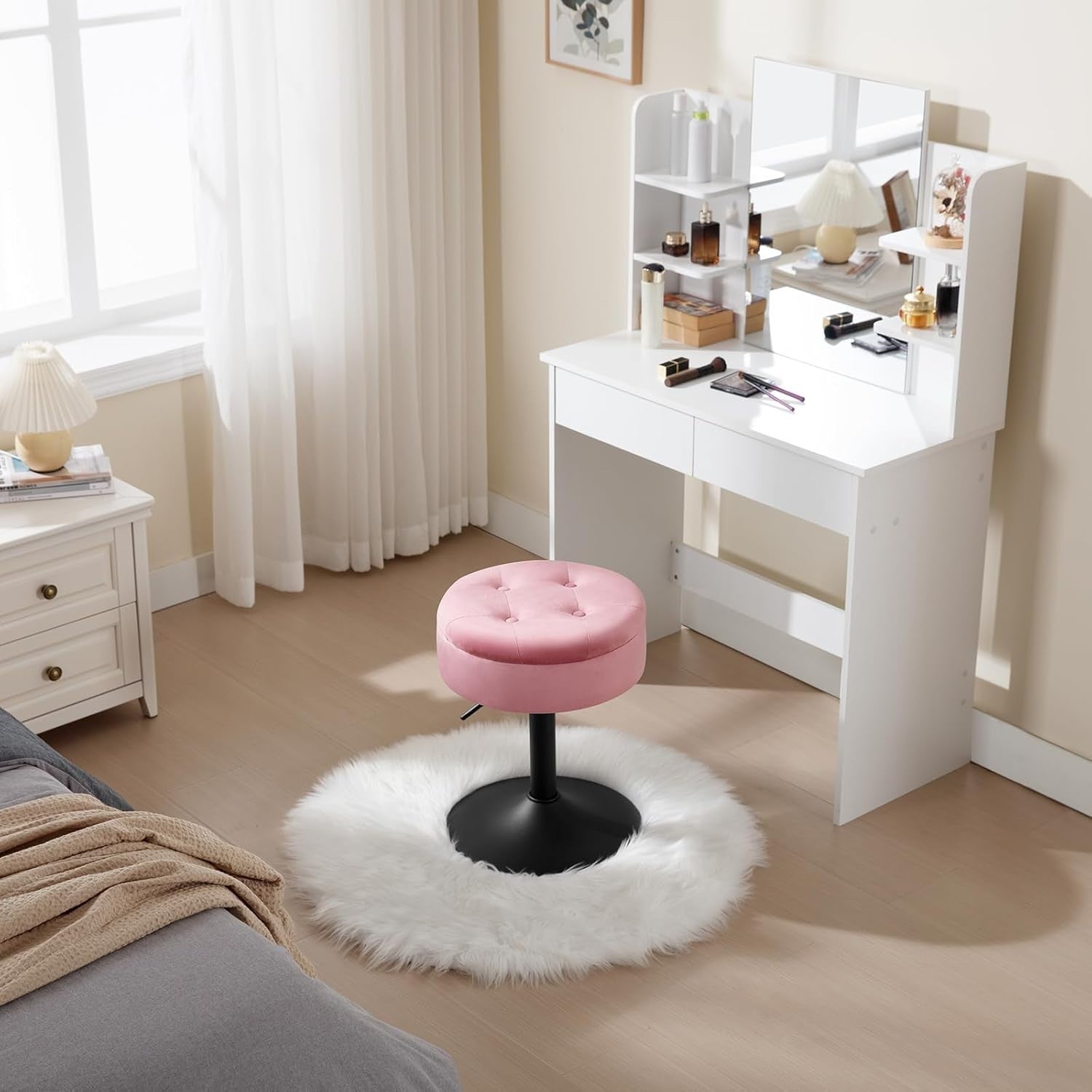 Pink Velvet Swivel Vanity Stool with Storage Round Adjustable Makeup Seat