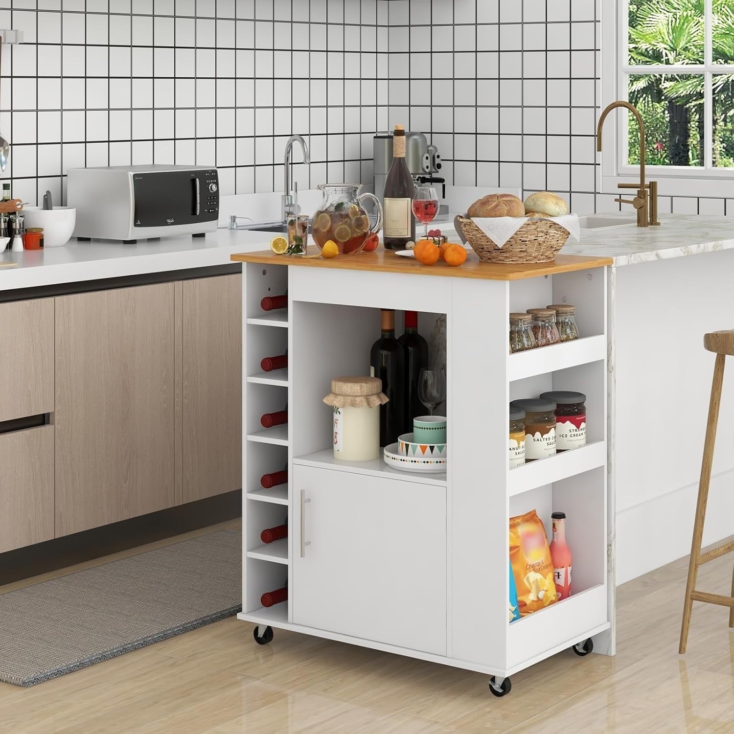 Kitchen Island on Wheels Bamboo Top Wine Rack Cabinet