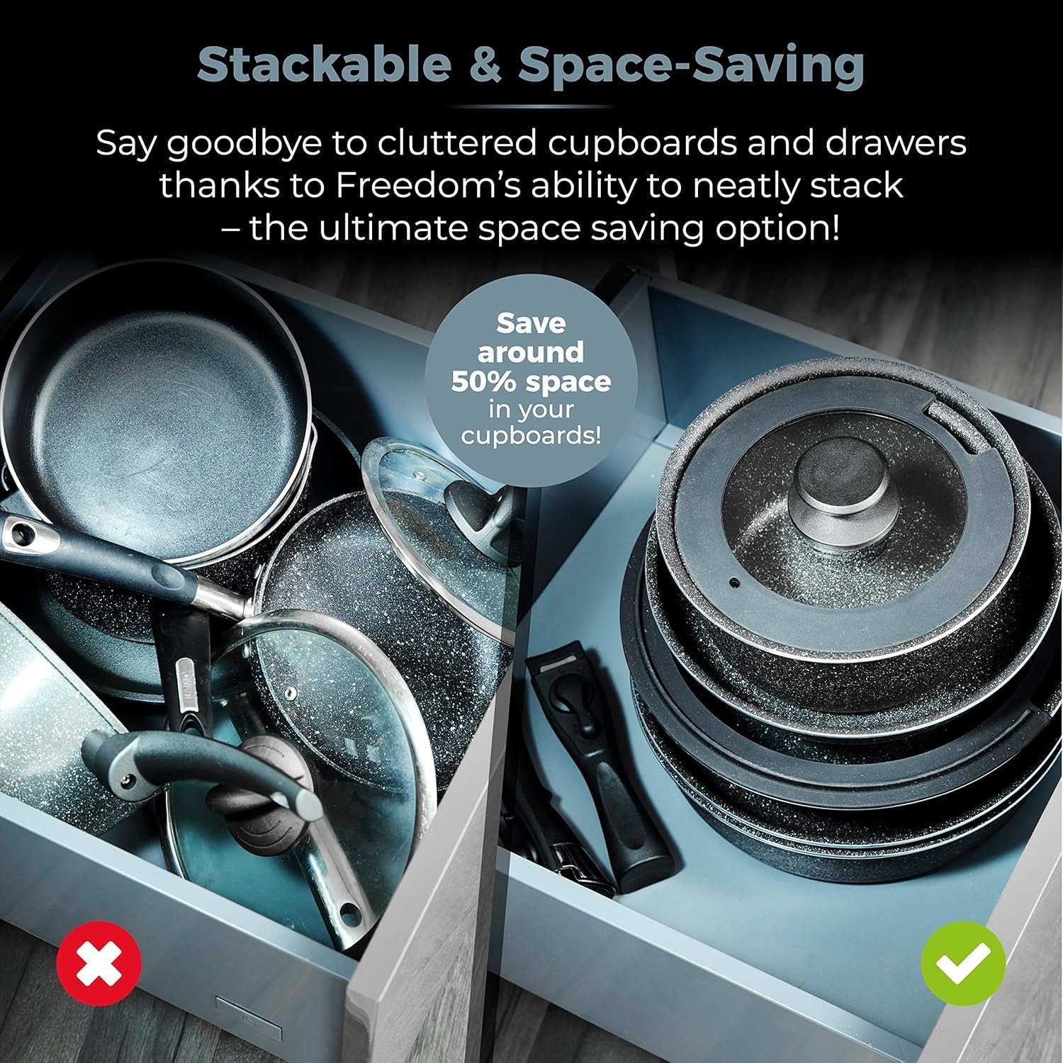 13pcs Black Non Stick Cookware Set  Stackable Pans with Detachable Handle