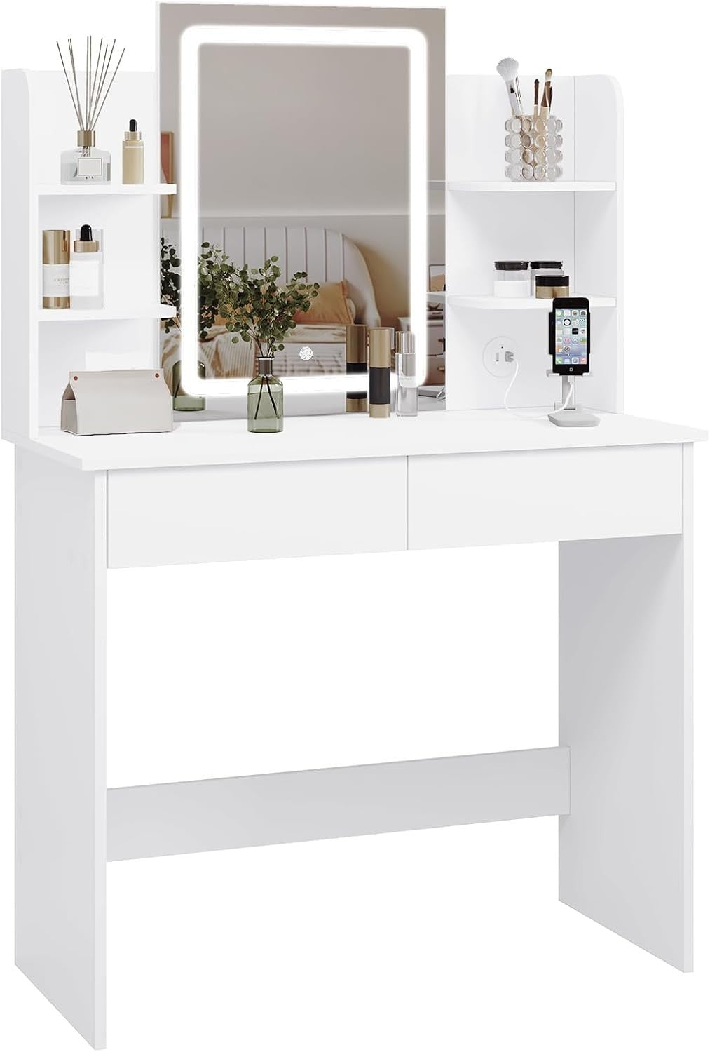 White Vanity Dressing Table Set LED Mirror Glass Top Charging Station 5 Drawers