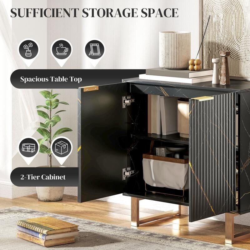Black Marble Sideboard Cabinet 2 Door Storage Unit Gold Legs Modern Buffet