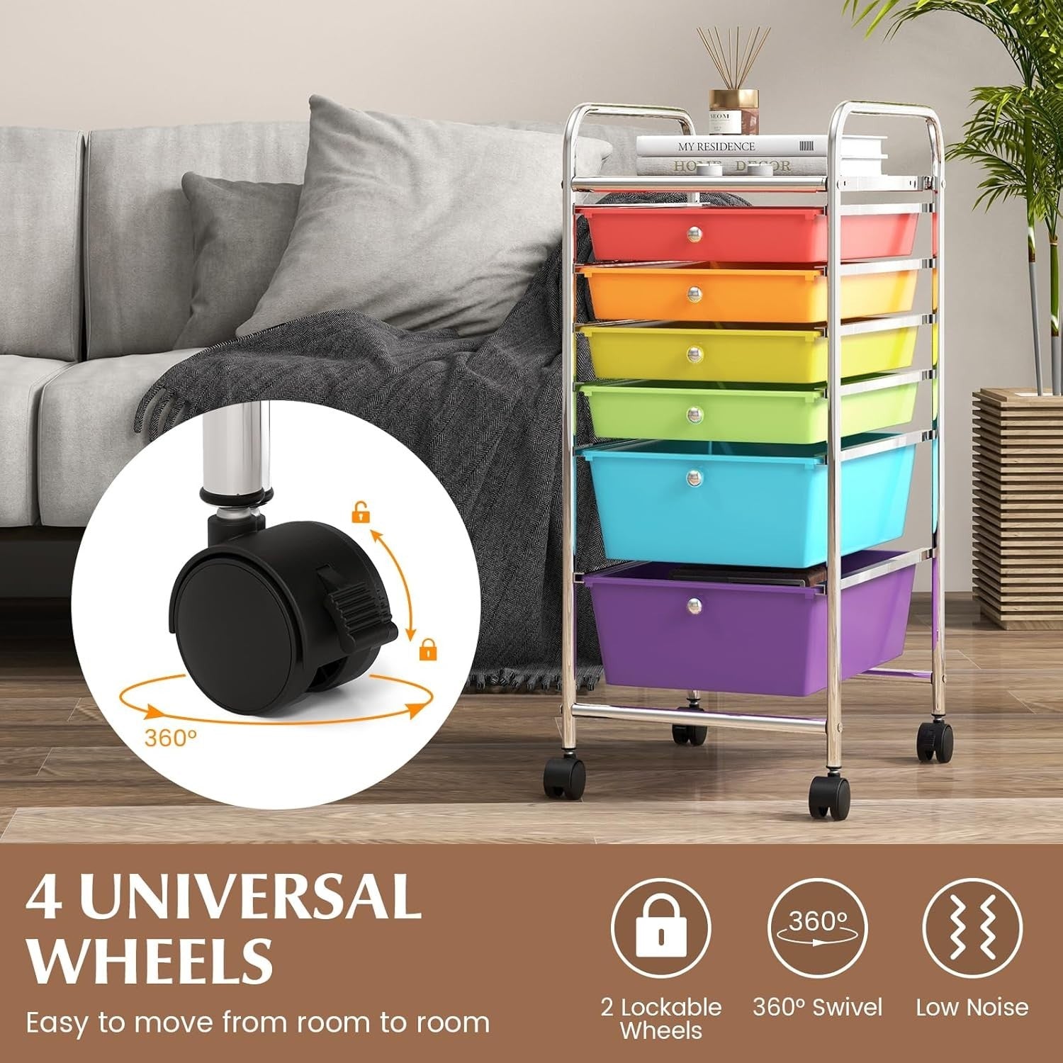 Multicolor 6 Drawer Mobile Storage Trolley Rolling Utility Organizer Cart